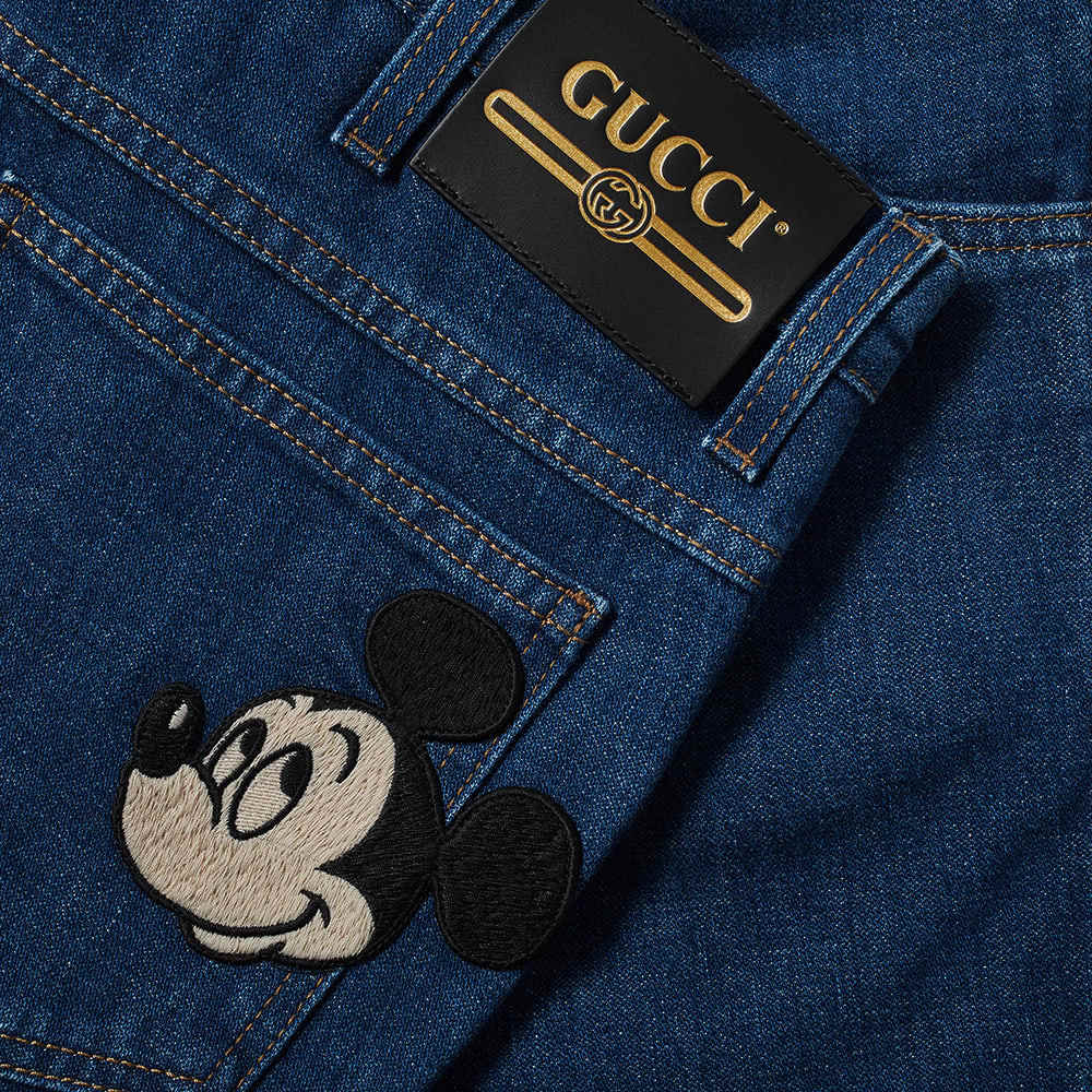 美品△GUCCI×Disney  グッチ×ディズニー 502797 コットン ロゴレザーパッチ ミッキーワッペン デニムパンツ インディゴブルー 29 イタリア製 正規品 メンズ 美品△GUCCI×Disney グッチ×ディズニー 502797 コットン ロゴレザー