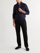 TOM FORD - Leather-Trimmed Ribbed Merino Wool Half-Zip Sweater - Blue