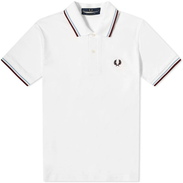 Photo: Fred Perry Authentic Men's Reissues Original Twin Tipped Polo Shirt in White/Ice/Maroon