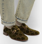 Gucci - Horsebit Collapsible-Heel Leather-Trimmed Embroidered Velvet Loafers - Men - Army green