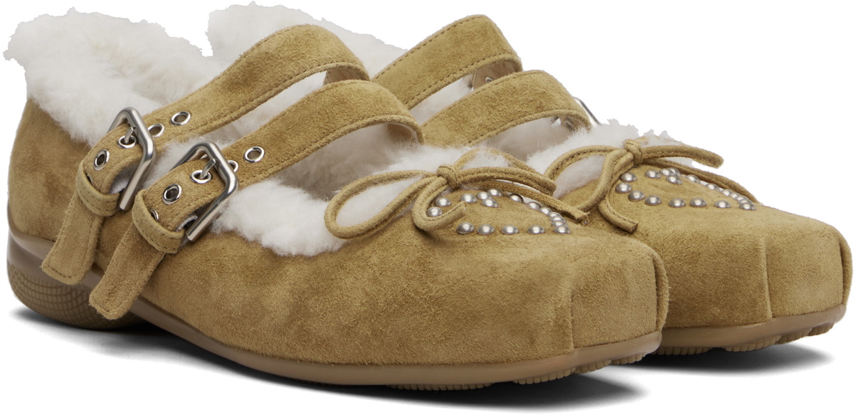 OPEN YY Tan Shearling Heart Stud Ballet Flats