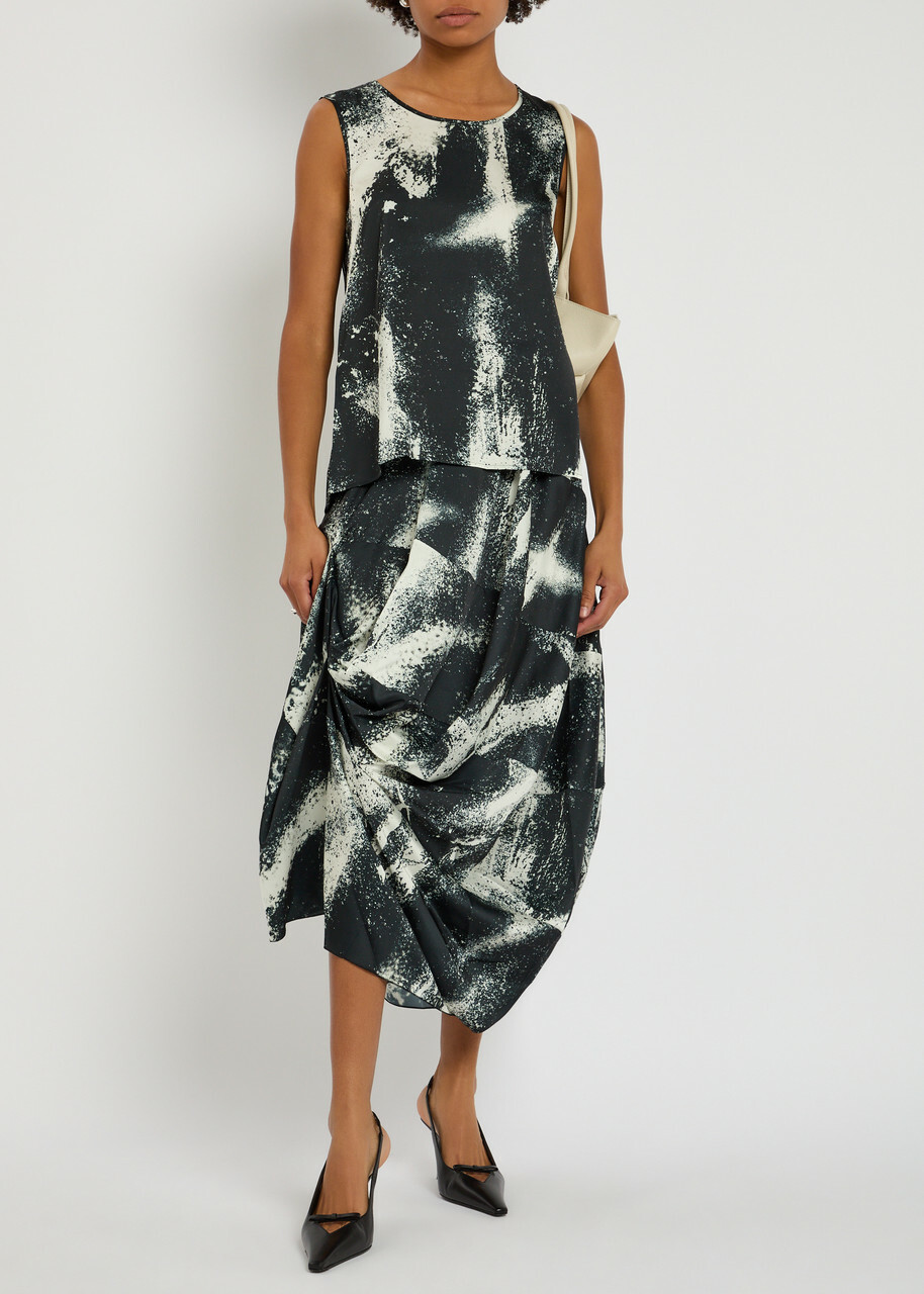 High Geek Printed Satin Midi Skirt Black