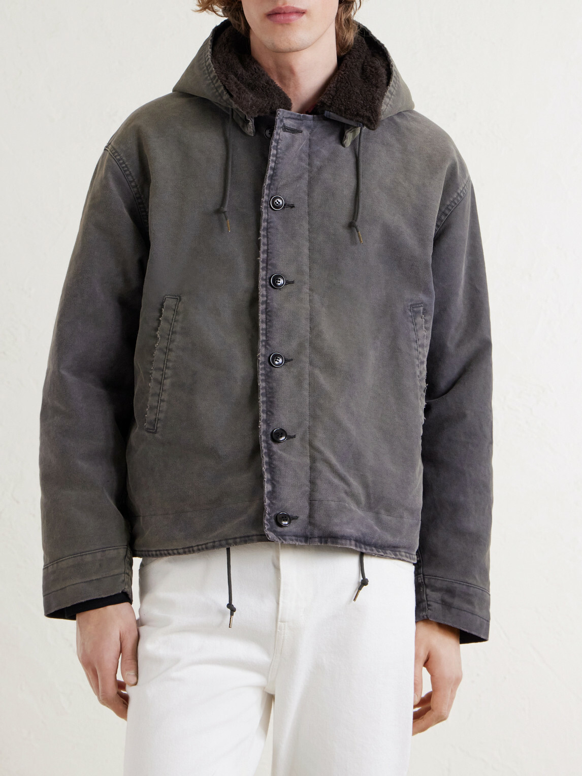 A.PRESSE - Fleece-Lined Distressed Cotton-Canvas Hooded Jacket - Gray