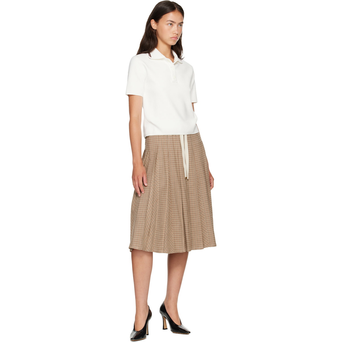 Moncler Beige Viscose & Wool Stretch Microcheck Midi Skirt