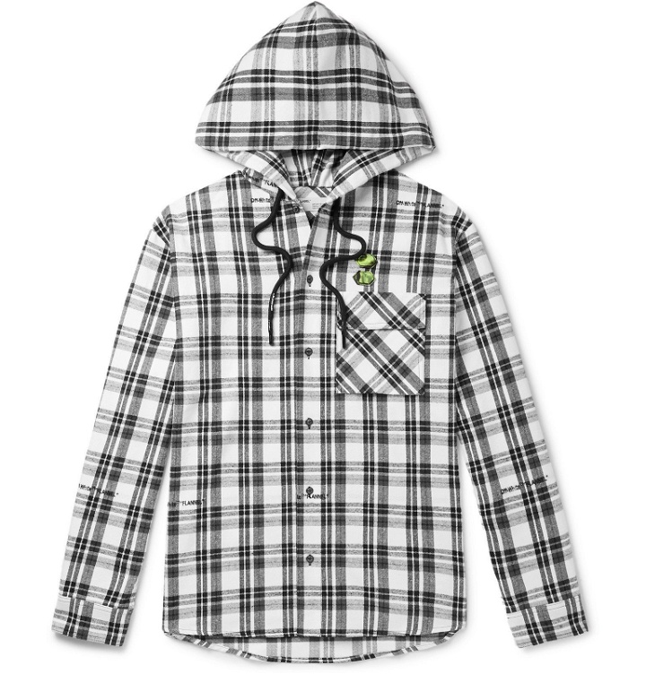 Photo: Off-White - Oversized Appliquéd Checked Cotton-Blend Flannel Hooded Shirt - White
