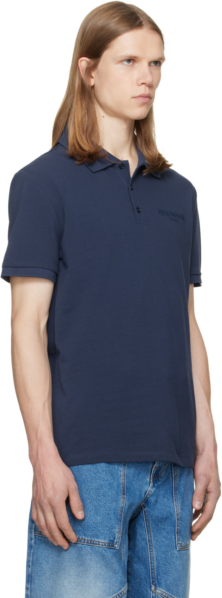 BALMAIN Blue Small Vintage Embroidered Polo