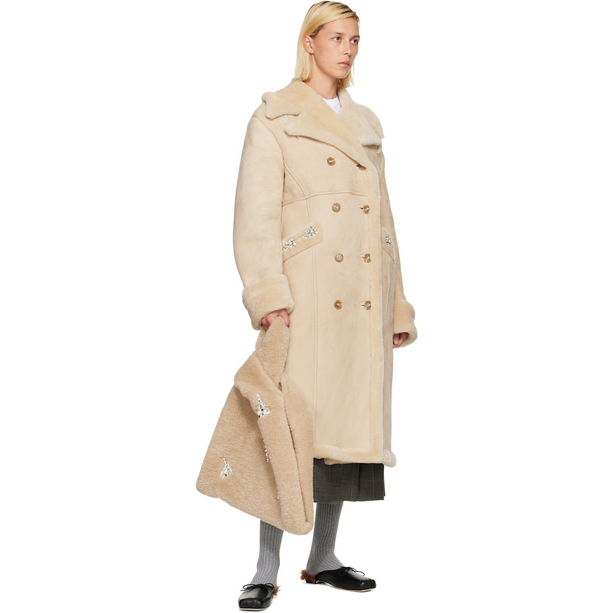 Simone Rocha Beige Embellished Sheepskin Slash Shearling Coat
