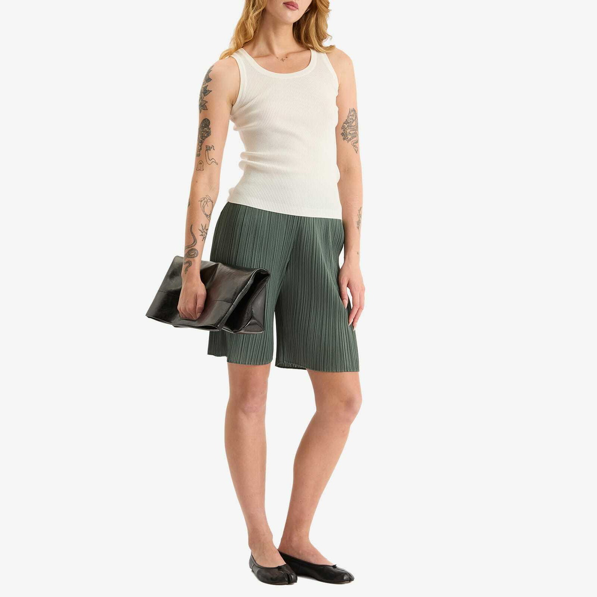 Pleats Please Issey Miyake Women's Pleated Shorts in Moss Green