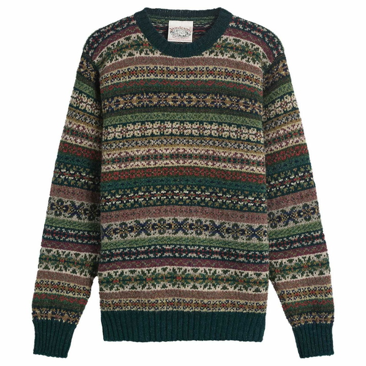 Photo: Jamieson's of Shetland Men's Jamiesons of Shetland Fair Isle Crew Knit in Green/Beige/Red