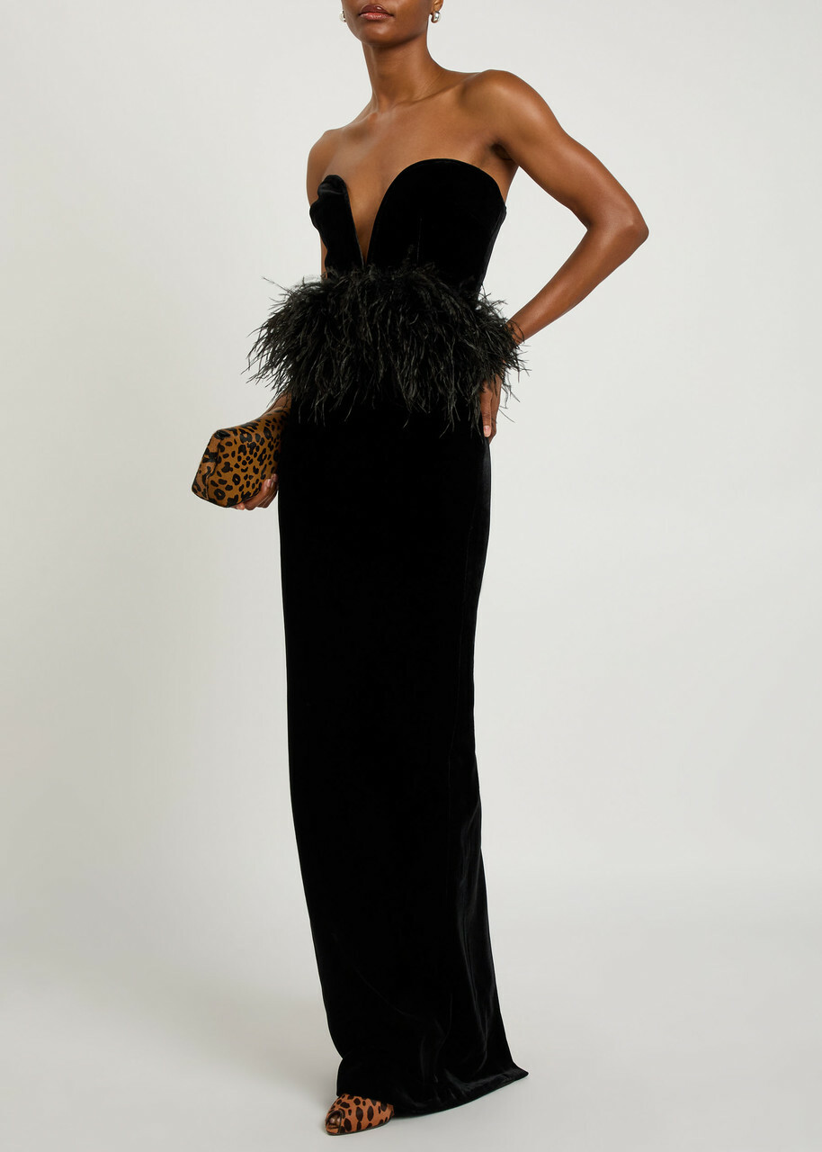 The New Arrivals Ilkyaz Ozel Sienna Feather-appliquéd Velvet Maxi Dress Black