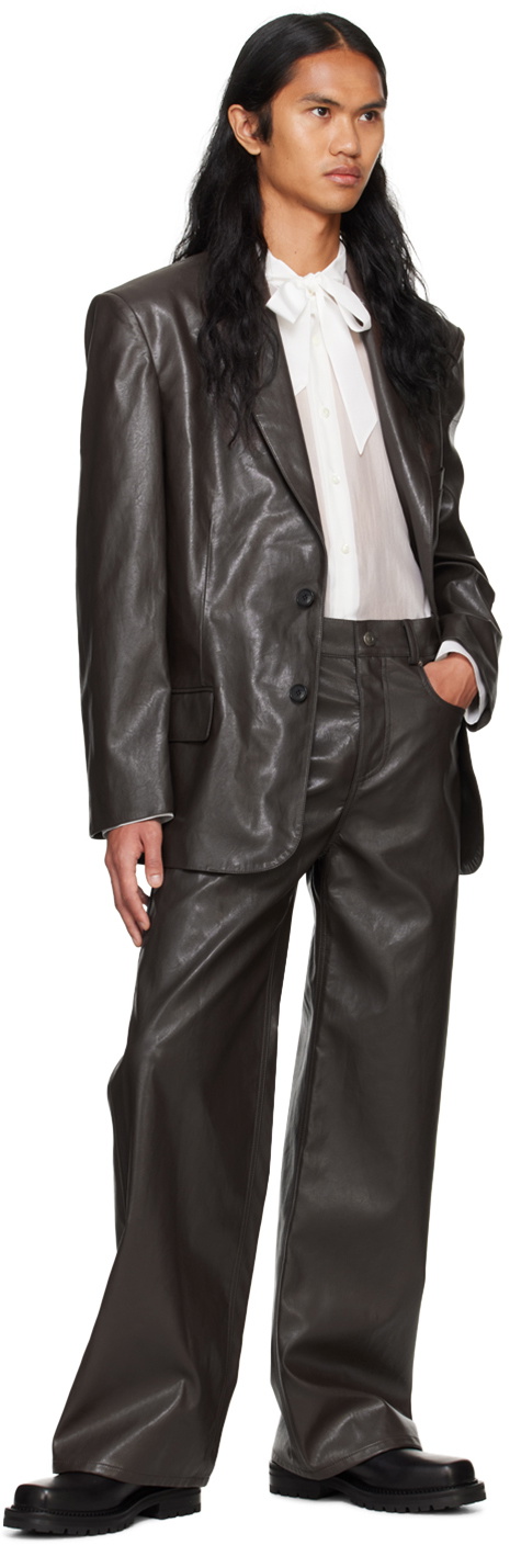 System Brown Button Faux-Leather Blazer