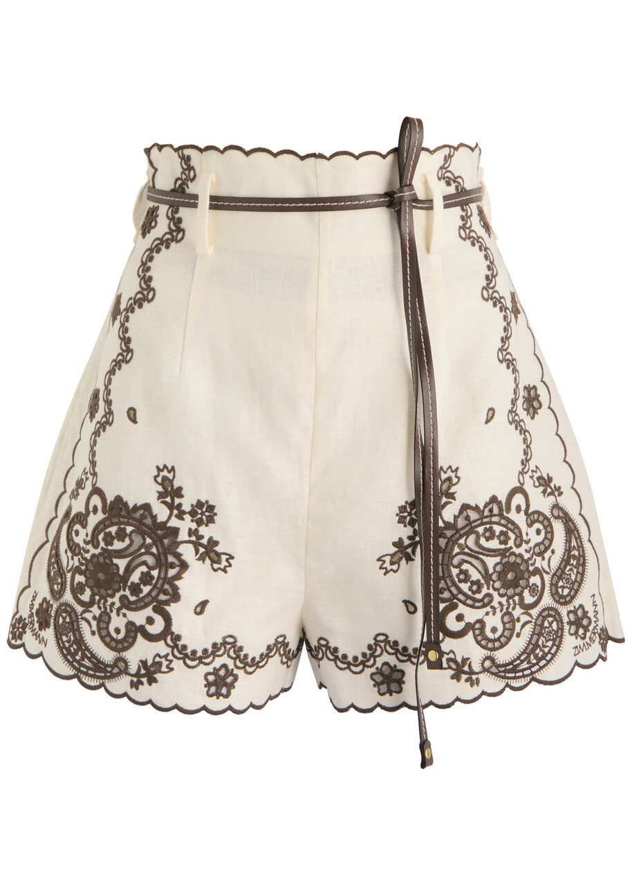 ショーツ ZIMMERMANN ASCENSION EMBROIDERED LINEN SHORTS Zimmermann Ascension Embroidered Linen Shorts Brown Zimmermann