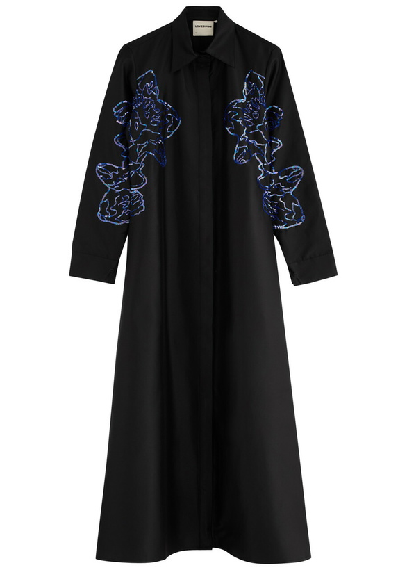 Photo: Lovebirds Sequin-embellished Taffeta Midi Shirt Dress Black