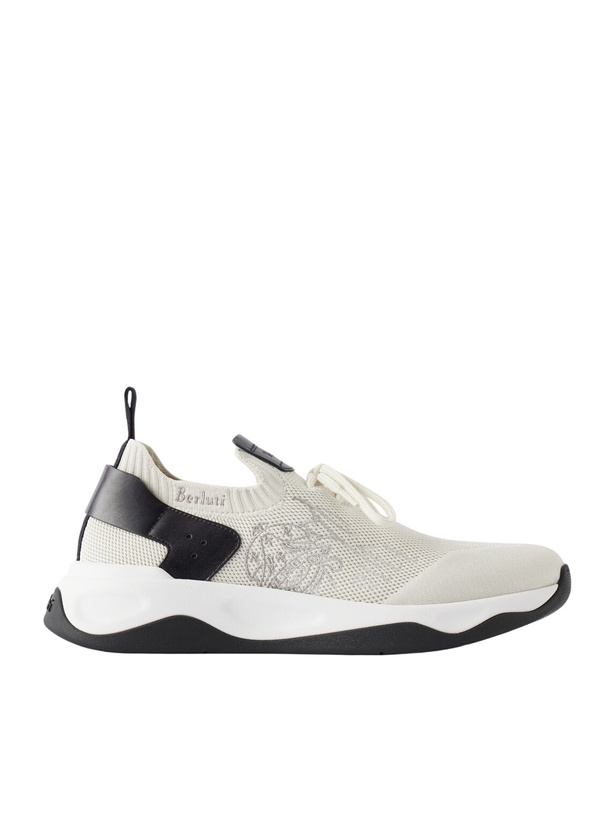 Photo: Berluti - Shadow Logo-Embroidered Leather-Trimmed Stretch-Knit Sneakers - White