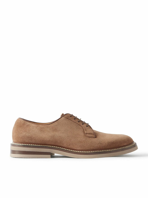 Photo: Brunello Cucinelli - Leather-Trimmed Suede Derby Shoes - Brown