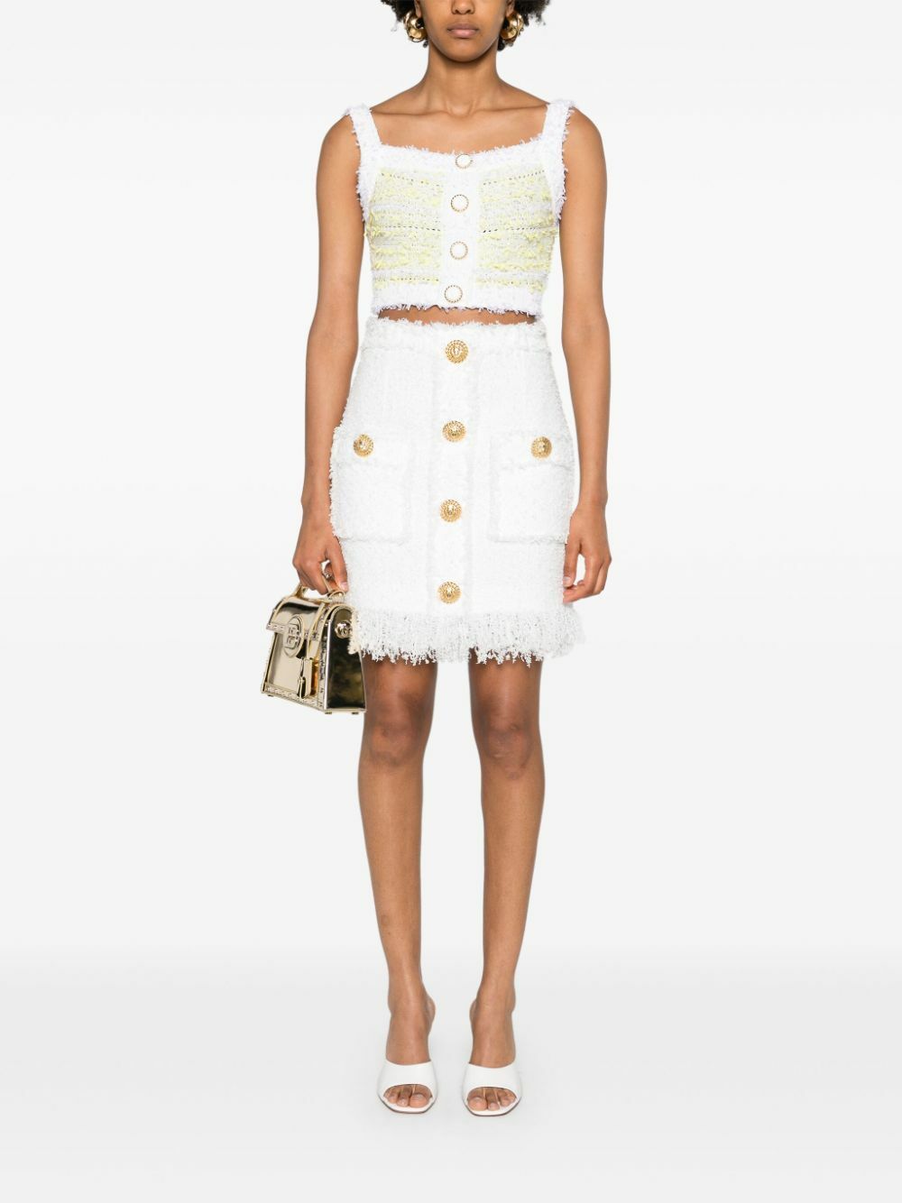 Balmain White Button-Up Tweed Skirt