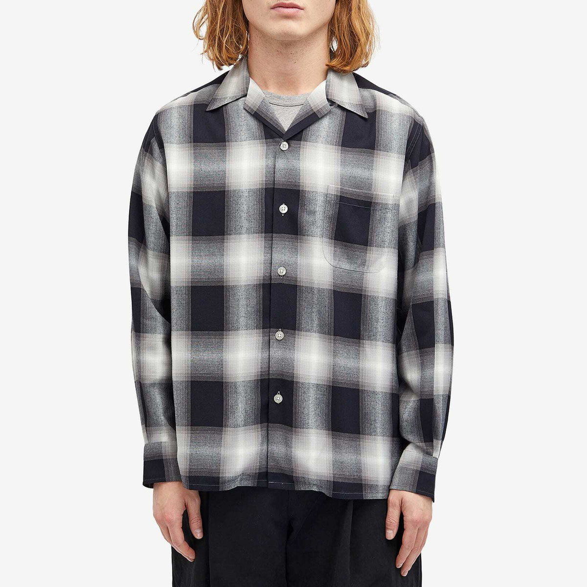 Wacko Maria Men's Type-1 Ombre Check Open Collar Shirt in Grey Wacko Maria