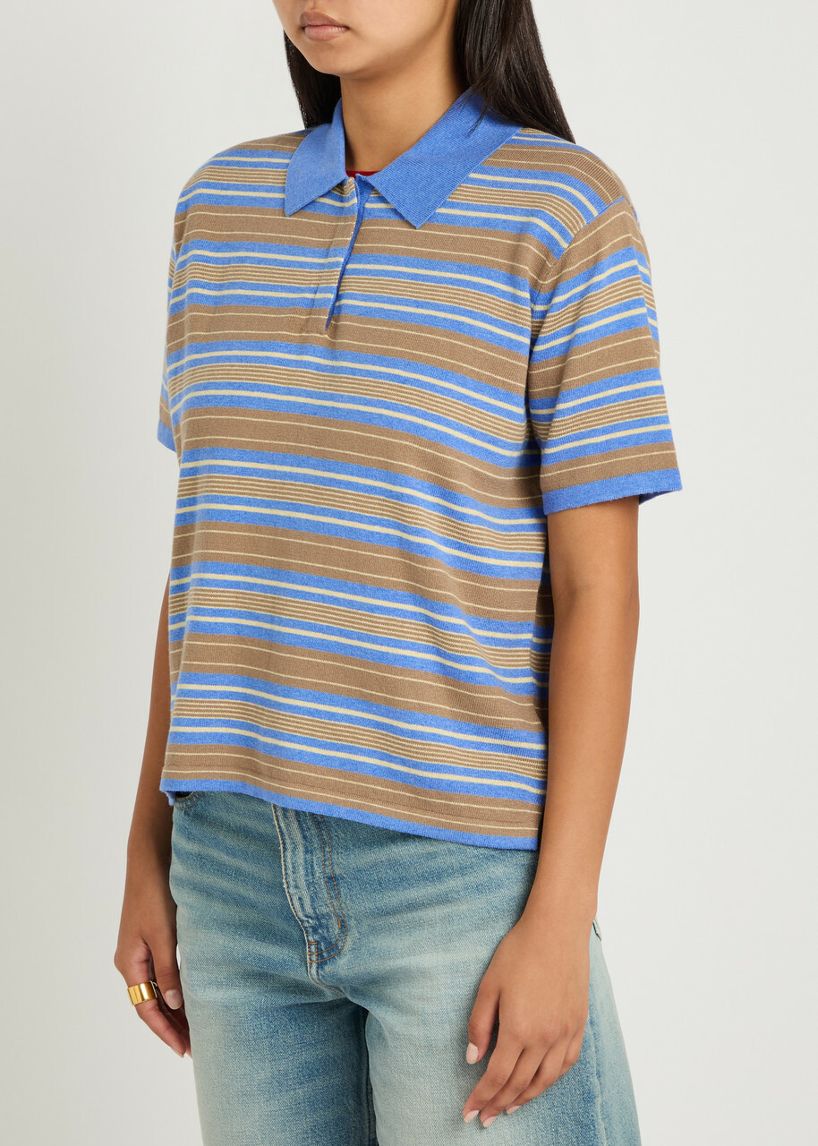 Guest In Residence Striped Cotton and Cashmere-blend Polo Shirt Blue