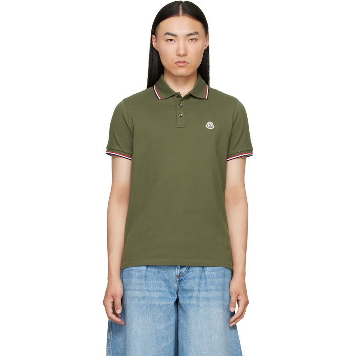 Photo: Moncler Khaki Tricolor-Trimmed Cotton Piquet Polo