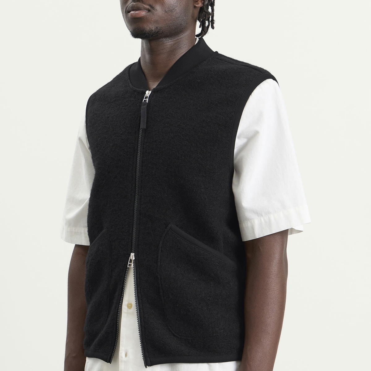 Universal Works Men's Wool Fleece Zip Waistcoat in Black