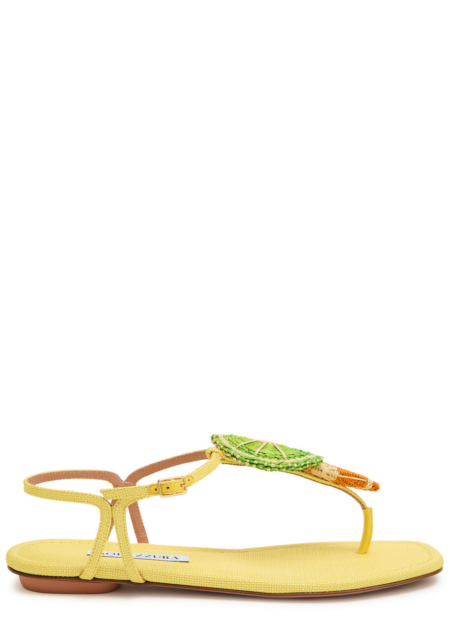 Aquazzura Citrus Sugar Appliquéd Woven Raffia Sandals Yellow