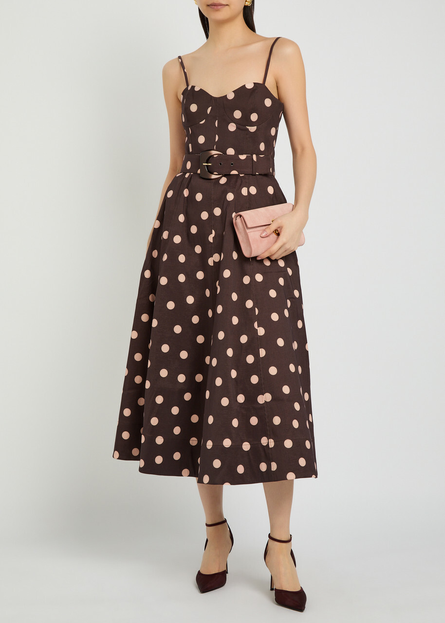 Rebecca Vallance Vivianne Polka-dot Slubbed-poplin Midi Dress Brown