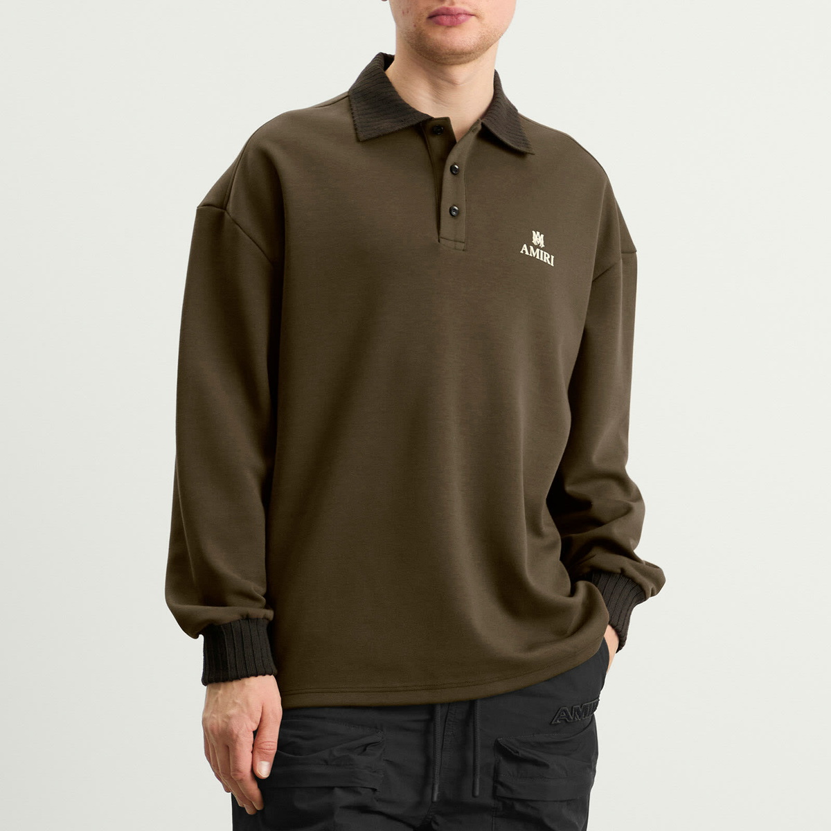 AMIRI Men's MA Oversized Long Sleeve Polo in Dark Brown