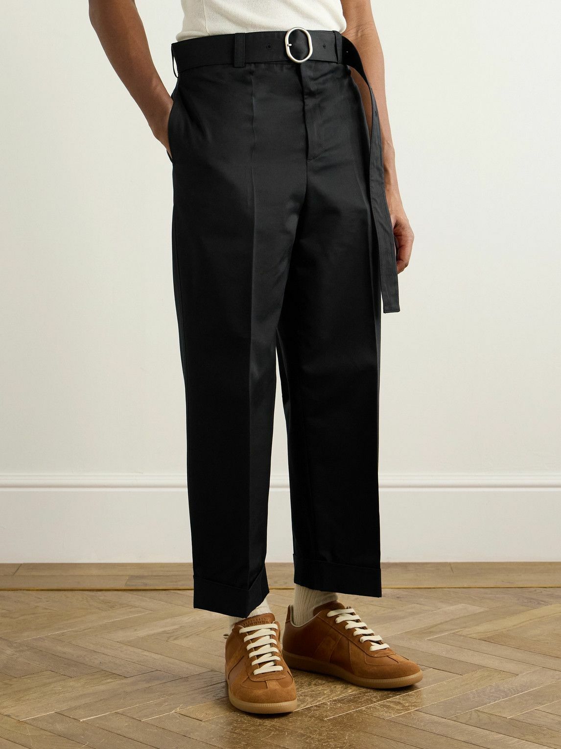 Jil Sander - Cropped Straight-Leg Belted Cotton and Silk-Blend Poplin Trousers - Black