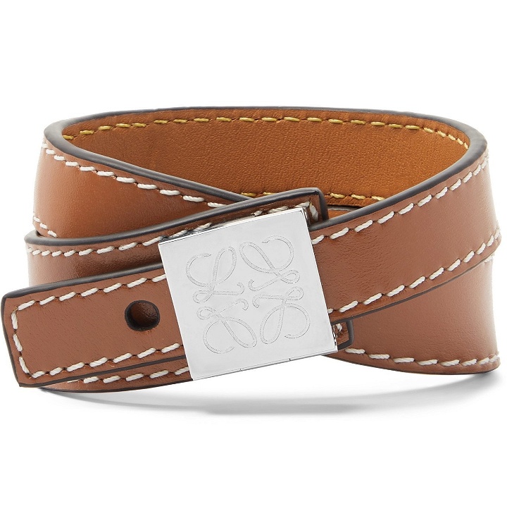Photo: Loewe - Anagram Logo-Detailed Silver-Tone and Leather Wrap Bracelet - Brown