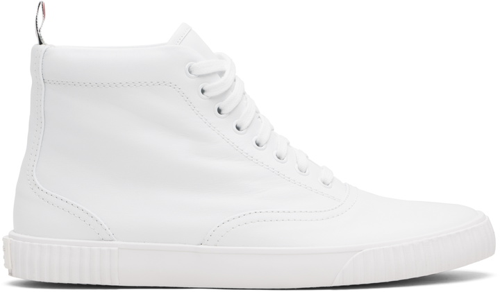 Photo: Thom Browne White Vitello Calf Leather High Top Heritage Sneakers