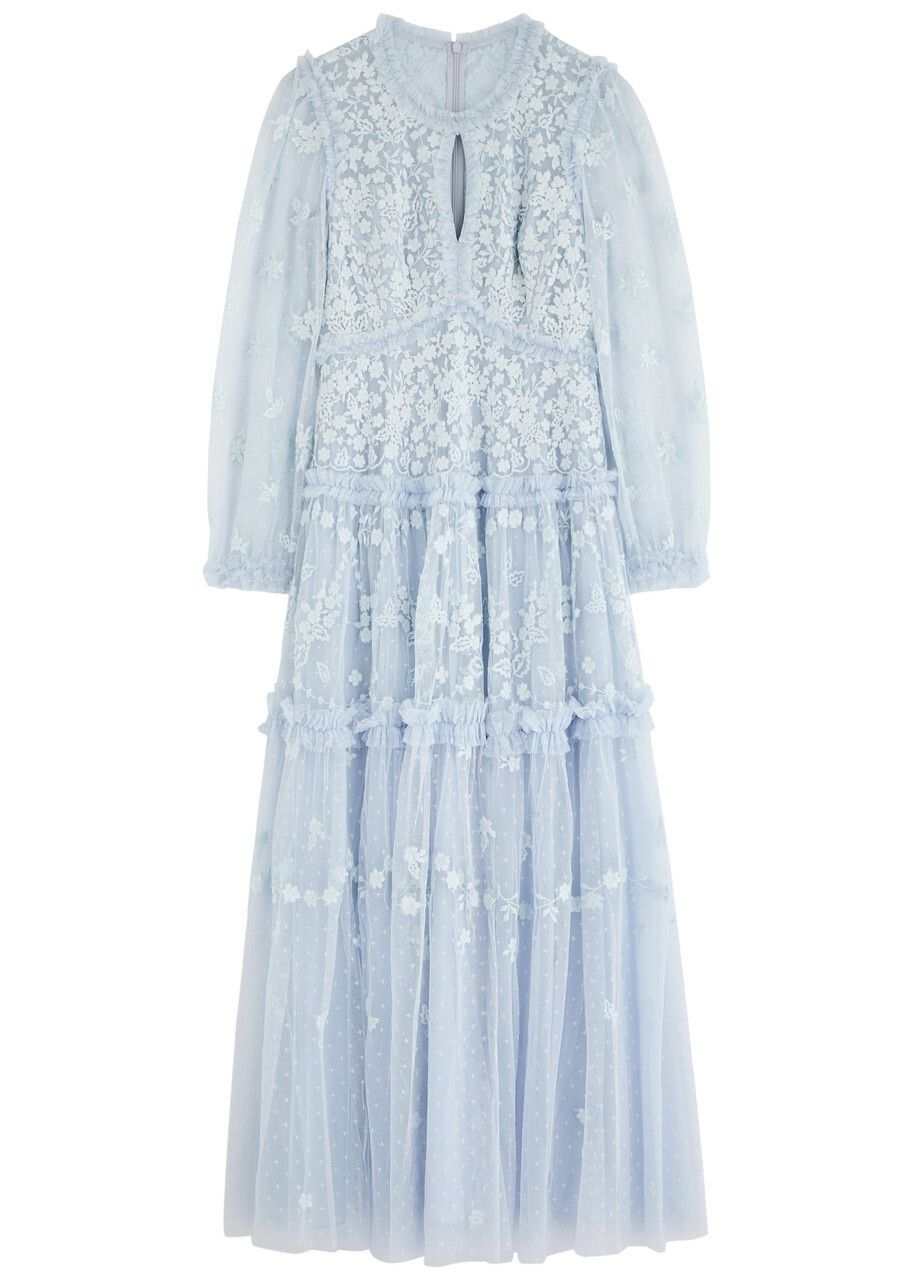 ワンピース NEEDLE & THREAD Embroidered tulle long dress Blu SPIRALSEQUINV-NECKANKLEGOWN-