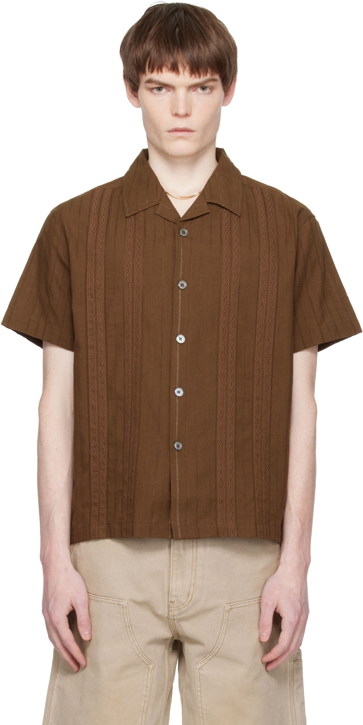 COOR Brown Guayabera Tape Half Shirt