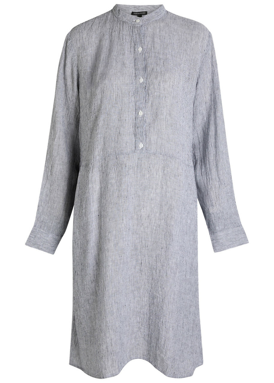 Eileen Fisher Striped Linen Midi Shirt Dress Blue