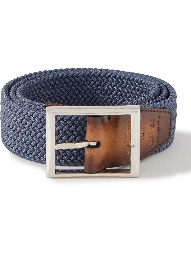 Photo: Berluti - 3.5cm Leather-Trimmed Woven Elastic Belt - Blue