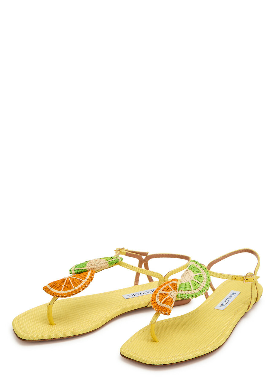 Aquazzura Citrus Sugar Appliquéd Woven Raffia Sandals Yellow