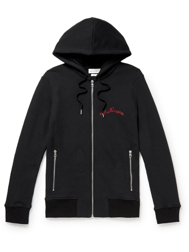 Photo: ALEXANDER MCQUEEN - Slim-Fit Logo-Embroidered Loopback Cotton-Jersey Hoodie - Black