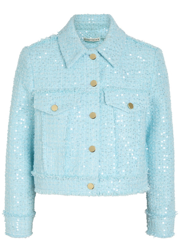 Photo: Alice + Olivia Chloe Embellished Cropped Tweed Jacket Light Blue