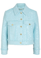 Alice + Olivia Chloe Embellished Cropped Tweed Jacket Light Blue