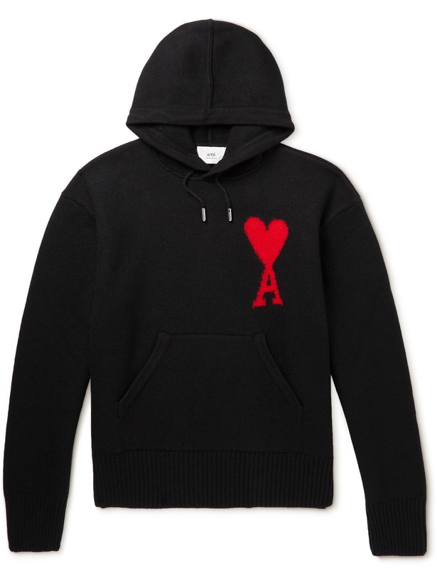 Photo: AMI PARIS - Intarsia-Knit Virgin Wool Hoodie - Black