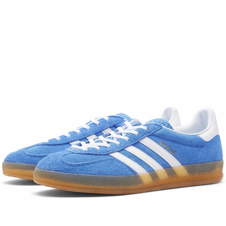 Photo: Adidas Gazelle Indoor Sneakers in Blue Fusion/White/Gold Metal