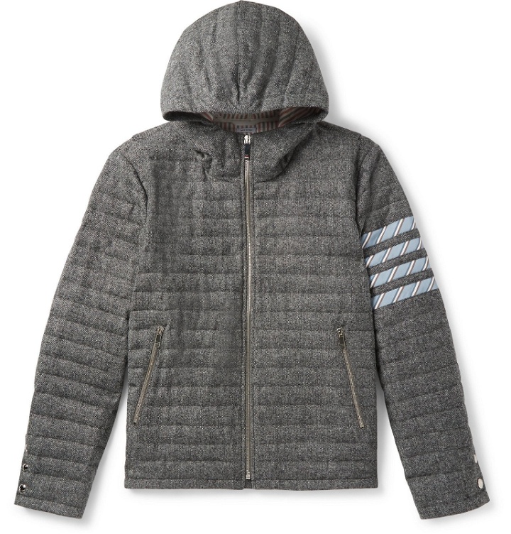 Photo: Thom Browne - Striped Quilted Donegal Wool Hooded Down Jacket - Gray
