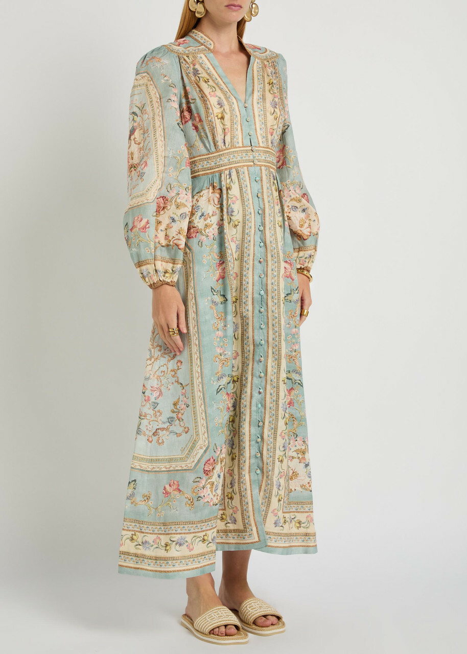 Zimmermann Roselight Printed Plunge Linen Midi Dress Blue