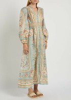 Zimmermann Roselight Printed Plunge Linen Midi Dress Blue