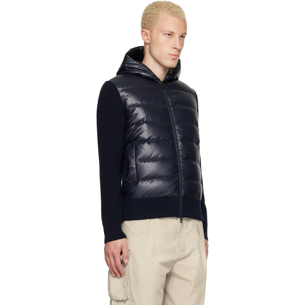 Moncler Navy Wool Zip-Up Hoodie Down Jacket