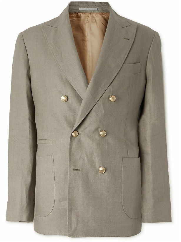 Photo: Brunello Cucinelli - Double-Breasted Herringbone Linen Suit Jacket - Green