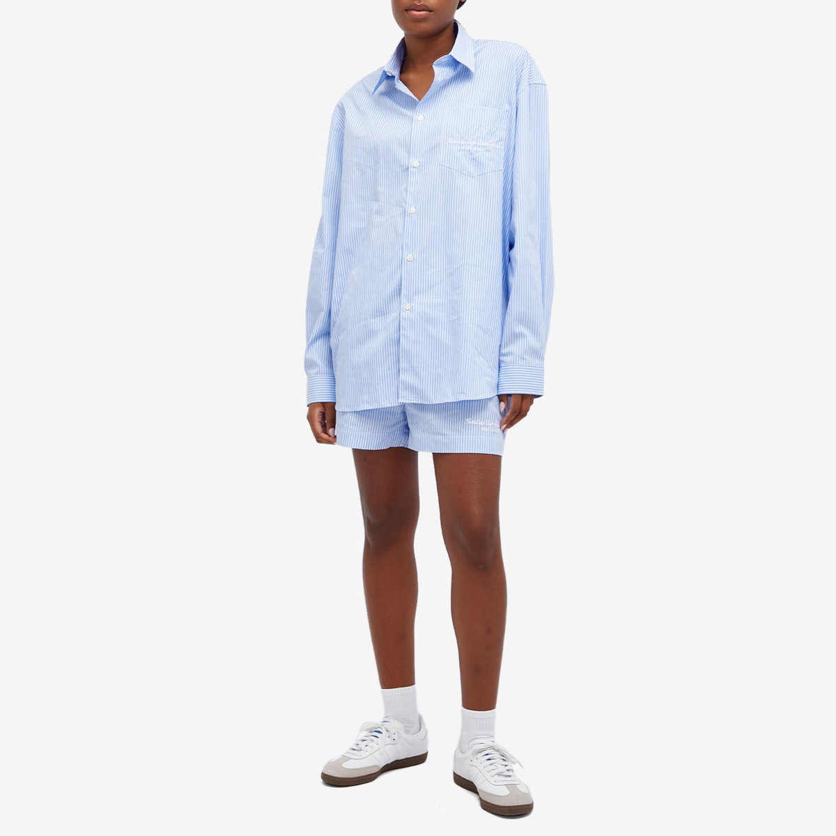 Sporty & Rich Hotel du Cap Cursive Oversized Shirt in Blue/White Thin Stripe White