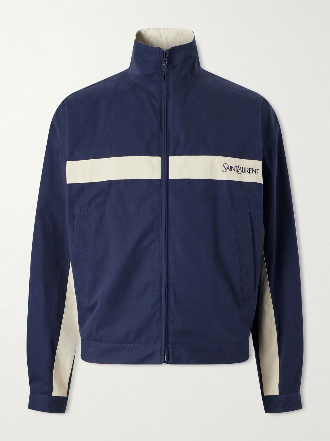 SAINT LAURENT - Panelled Logo-Embroidered Cassandre-Embellished Cotton Jacket - Blue
