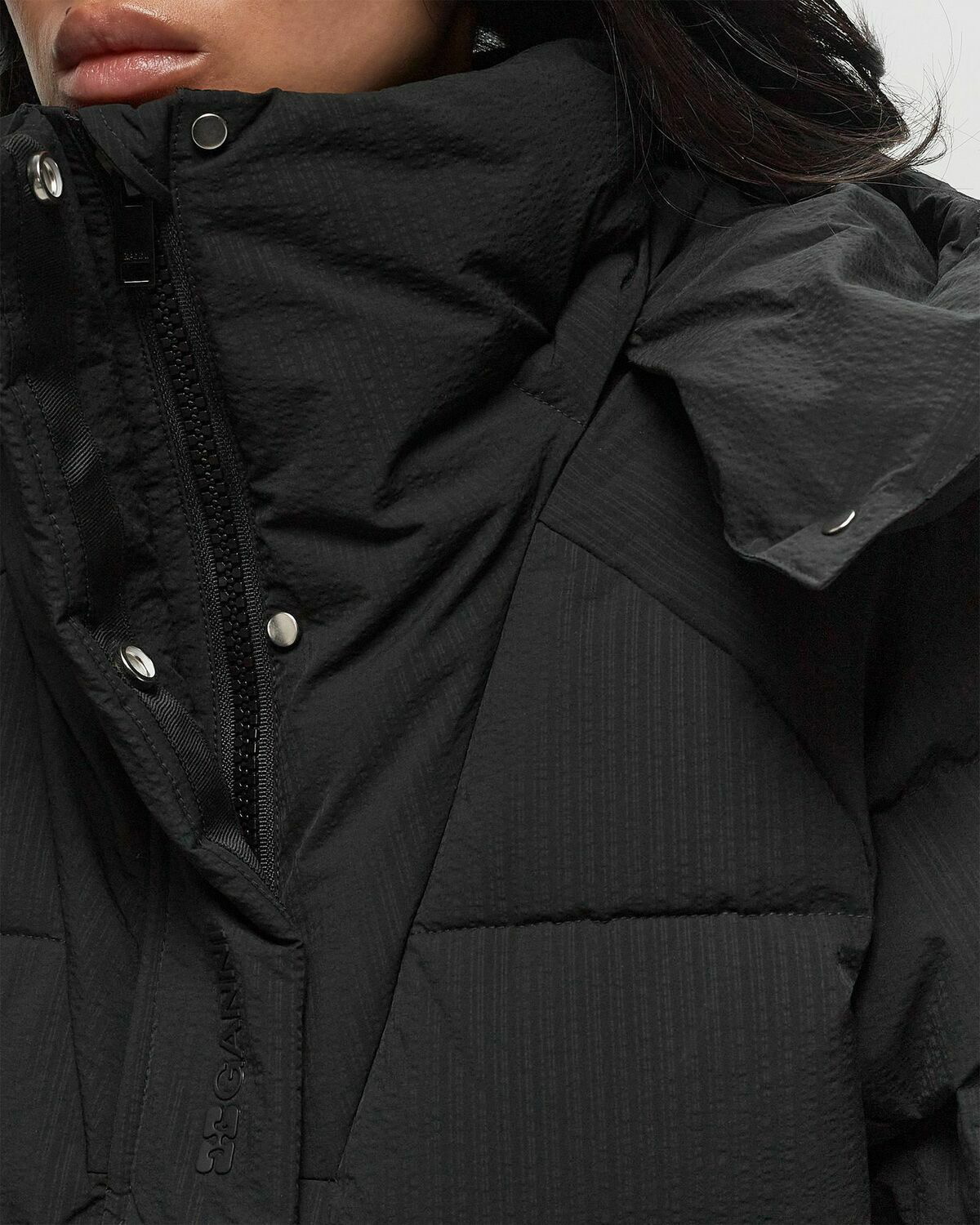 Ganni Tech Seersucker Oversized Puffer Jacket Black Womens