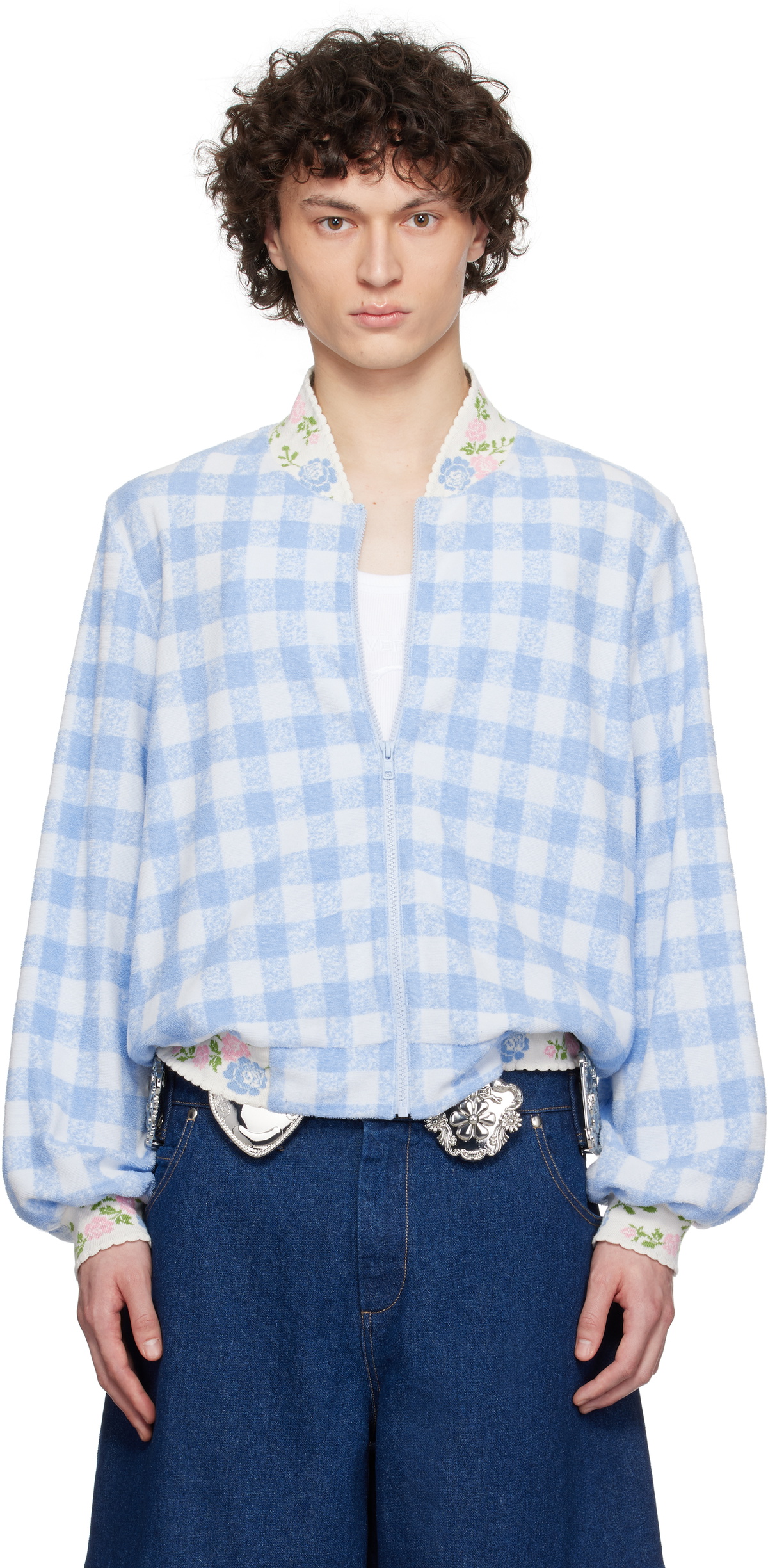 Anna Sui Blue Gingham Terry Baseball Bomber Jacket