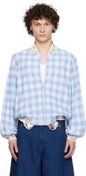 Anna Sui Blue Gingham Terry Baseball Bomber Jacket